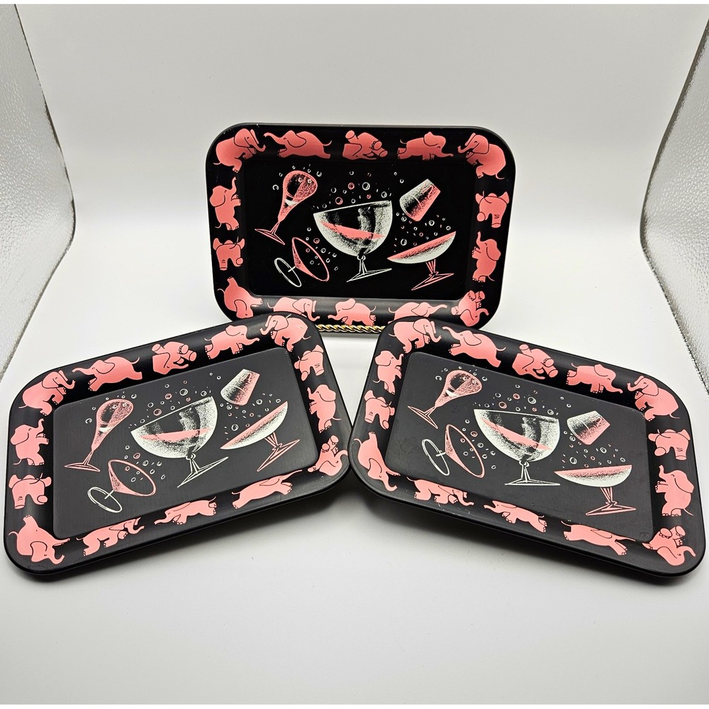 Set of 3 Vtg 1950's Tin Litho Black Dancing Pink Elephants Hazel Atlas Tip Trays